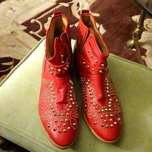 🤠Vintage Zara Western Cowgirl Red Leather Silver Studded Ankle Boots Sz 7 EU 38